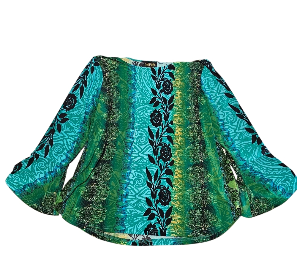 Bob Mackie Wearable Art Green Floral Black Roses Blouse Bell Sleeve Top L Y2K